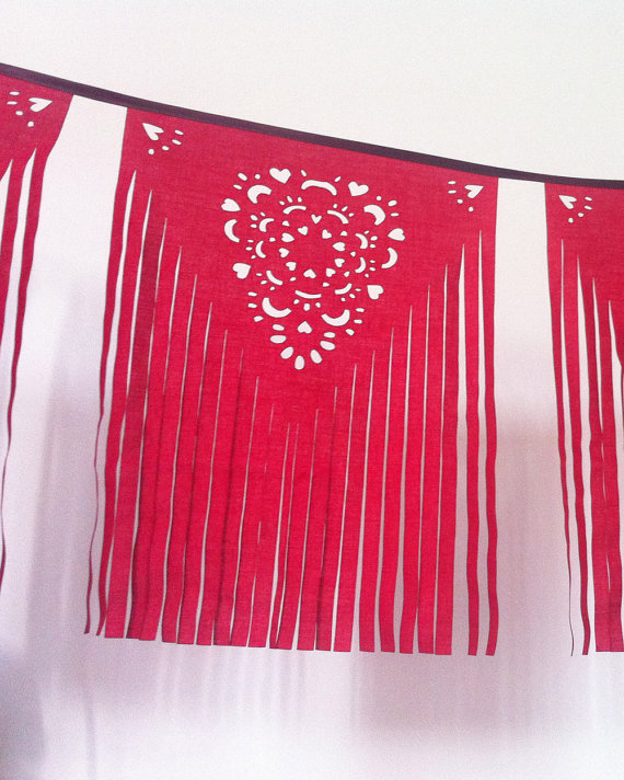 Red Fringe Wedding Banner, Papel Picado Inspired, Fabric Garland, Christmas Decor